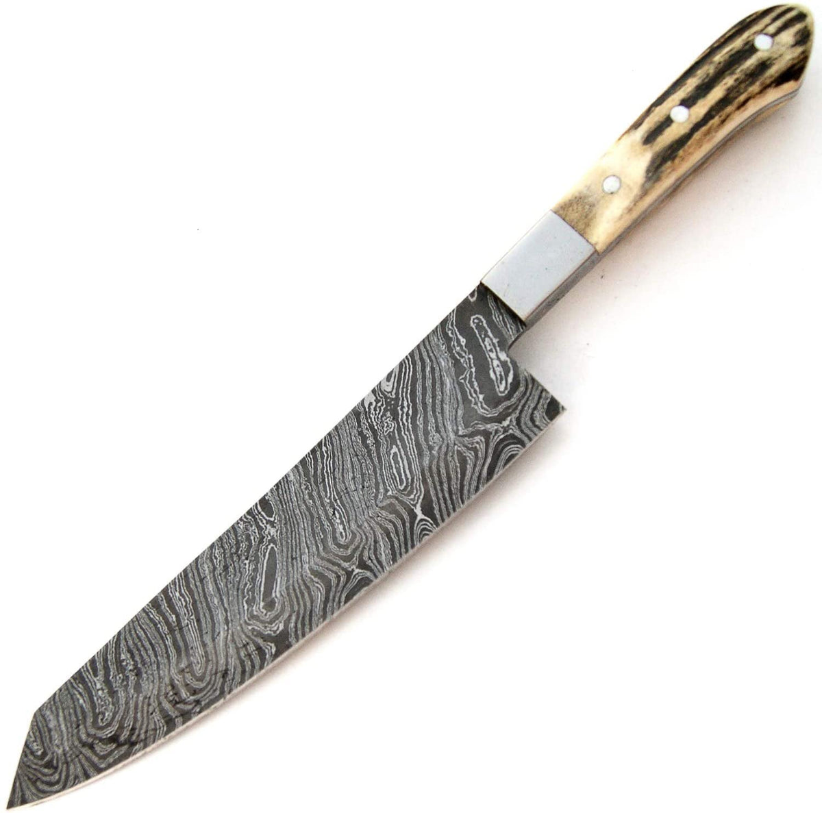 A Damascus steel chef's knife with a wavy patterned blade, a silver bolster, and a natural horn handle with steel rivets, shown on a plain white background.