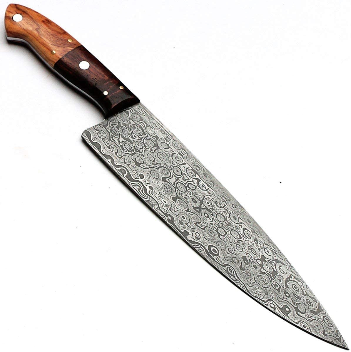 A chef's knife with a Damascus steel blade and a wooden handle, shown diagonally on a plain white background.