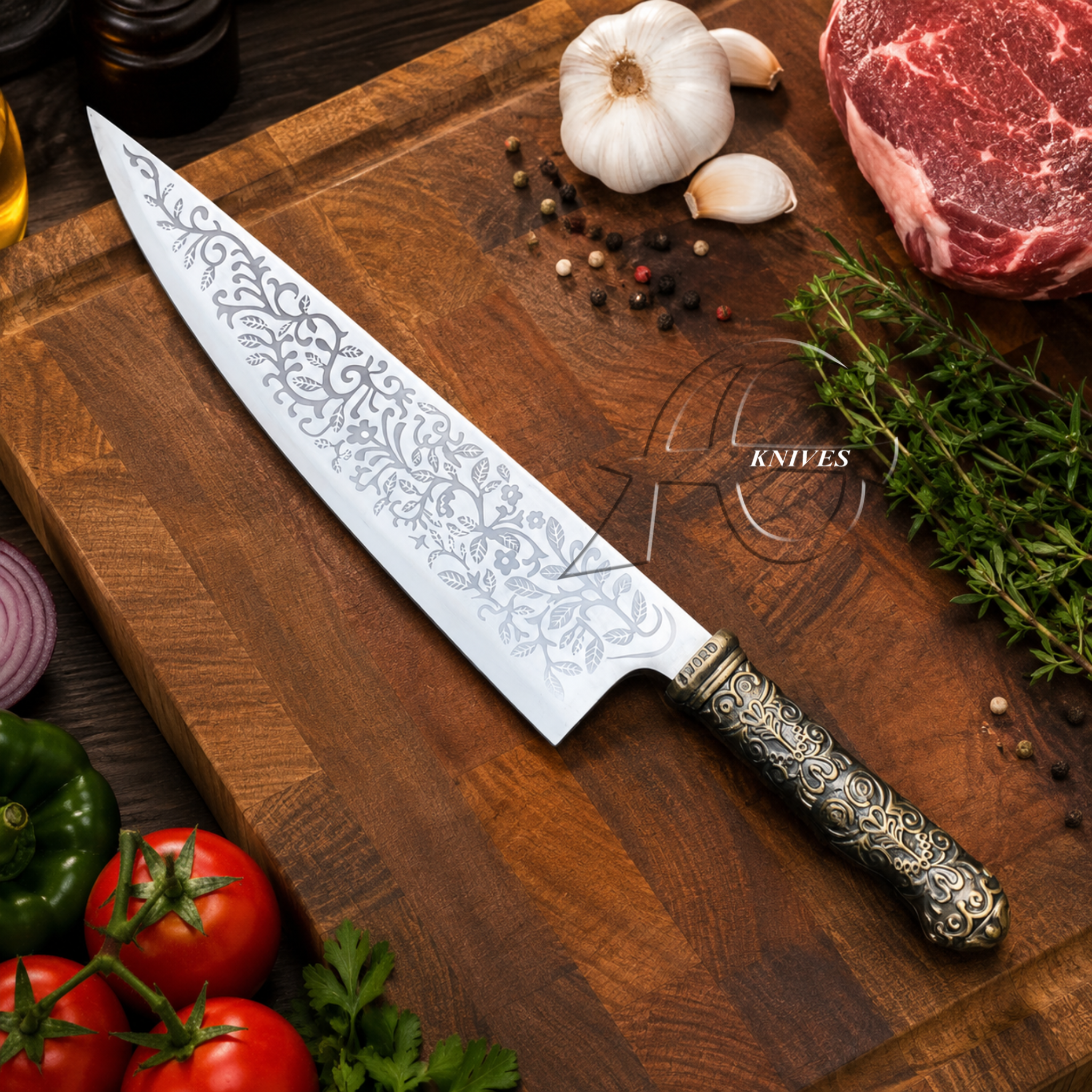 A decorative chef's knife with an etched floral blade pattern and an ornate dark handle, displayed diagonally on a wooden cutting board surrounded by fresh ingredients including tomatoes, garlic, herbs, and a piece of raw meat.