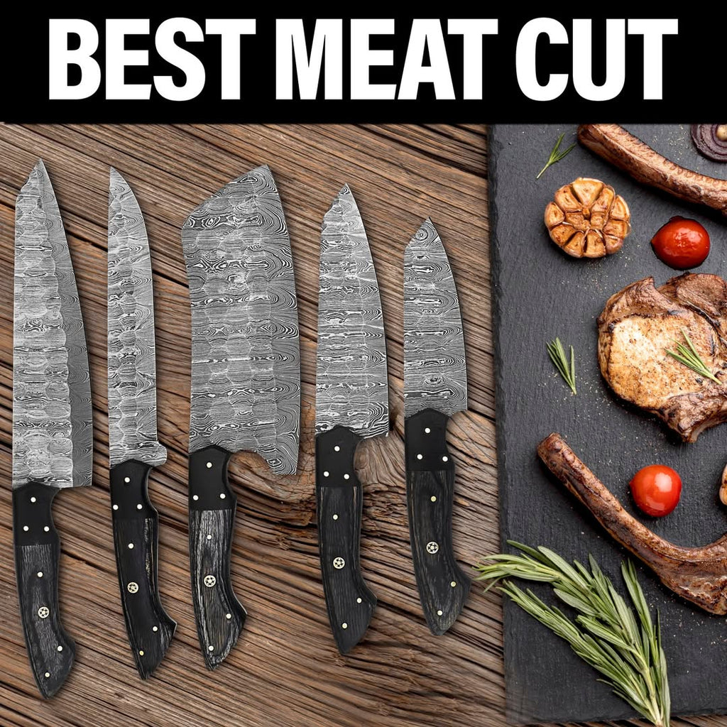 A set of five damascus steel kitchen knives with black handles arranged on a wooden surface next to cooked meat and vegetables on a dark slate board, with the text 'BEST MEAT CUT' across the top.