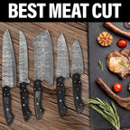 A set of five damascus steel kitchen knives with black handles arranged on a wooden surface next to cooked meat and vegetables on a dark slate board, with the text 'BEST MEAT CUT' across the top.