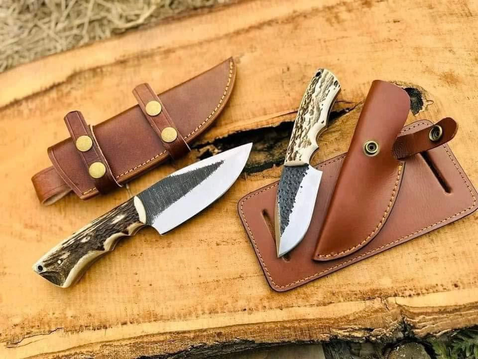 Hand-Forged Deer Hunting Knife Set with Deer Horn Handles 2 Piece With Sheath