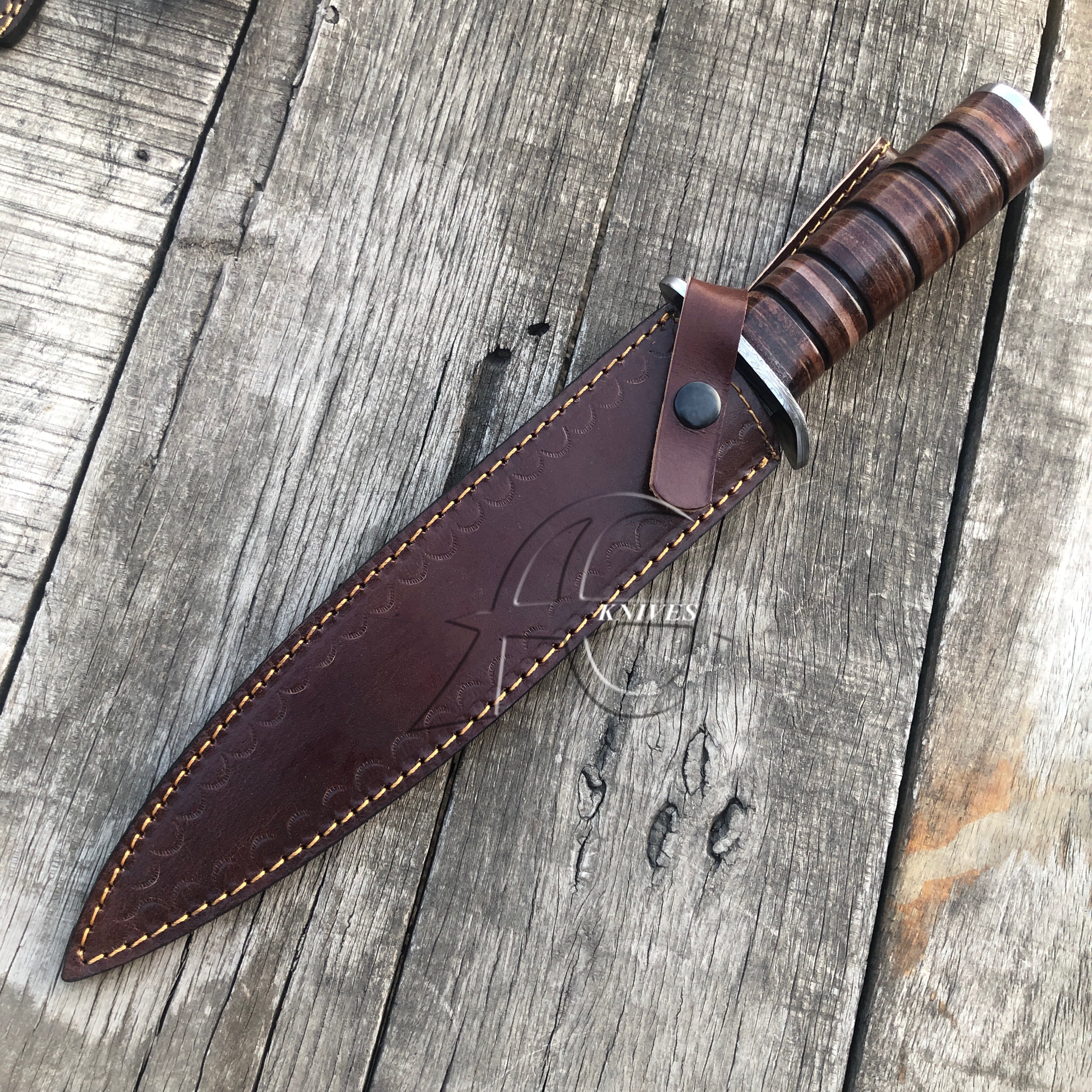 15" M3 Trench Blade Damascus Knife Custom Made Stacked Handle - Leather Sheath