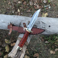 Long Blade Steel Hunting Knife Handcrafted Red Wood Finger-Fit Handle Fixed Blade