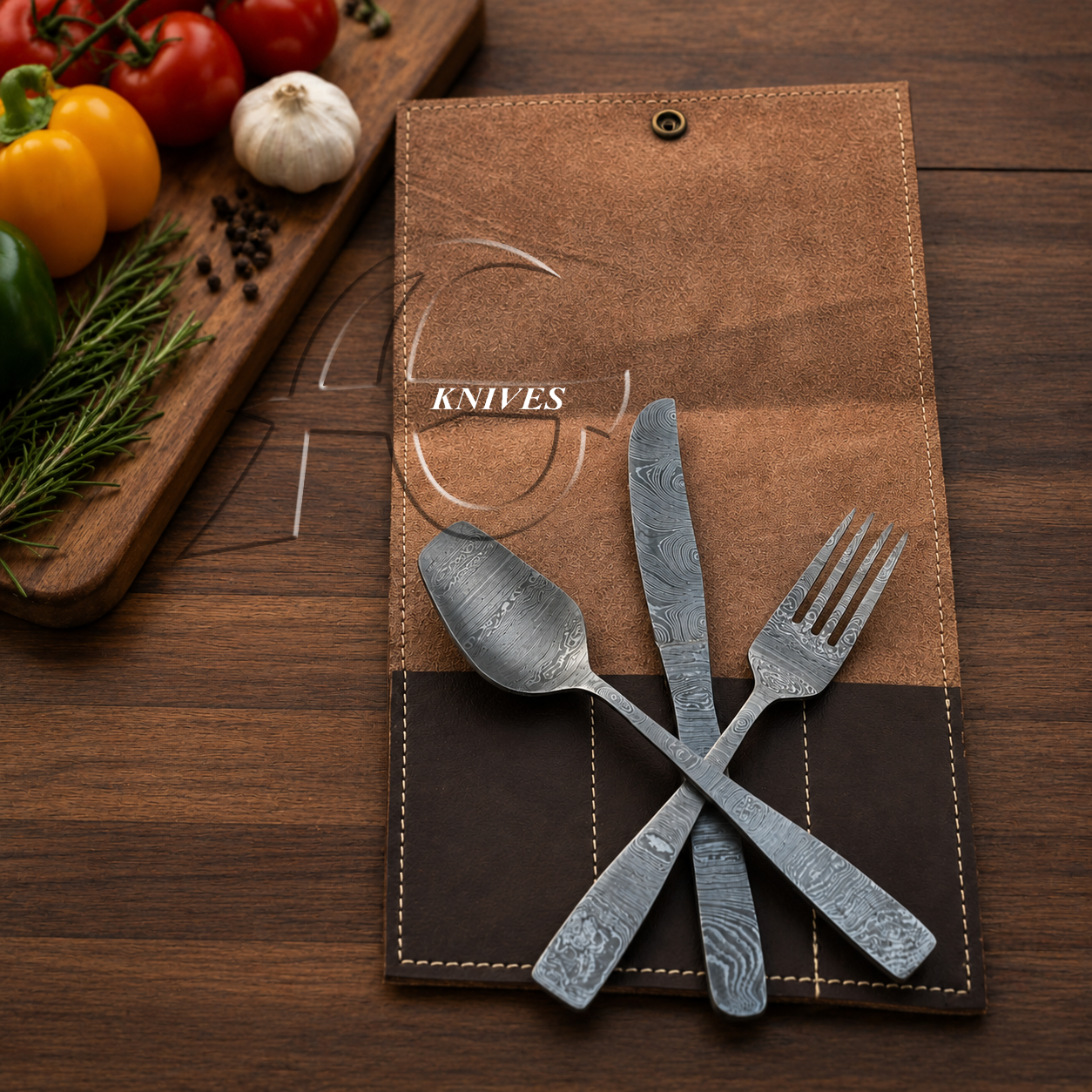 BBQ Carving Set Knife, Fork & Spoon leather case