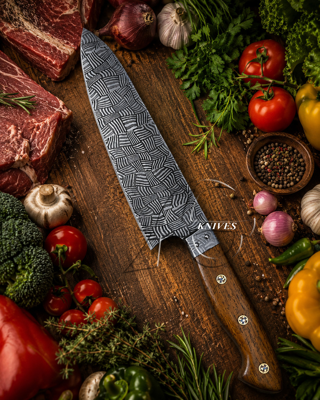 Handmade Basket Weave Damascus Kitchen Chef Knife - AG Cutlery