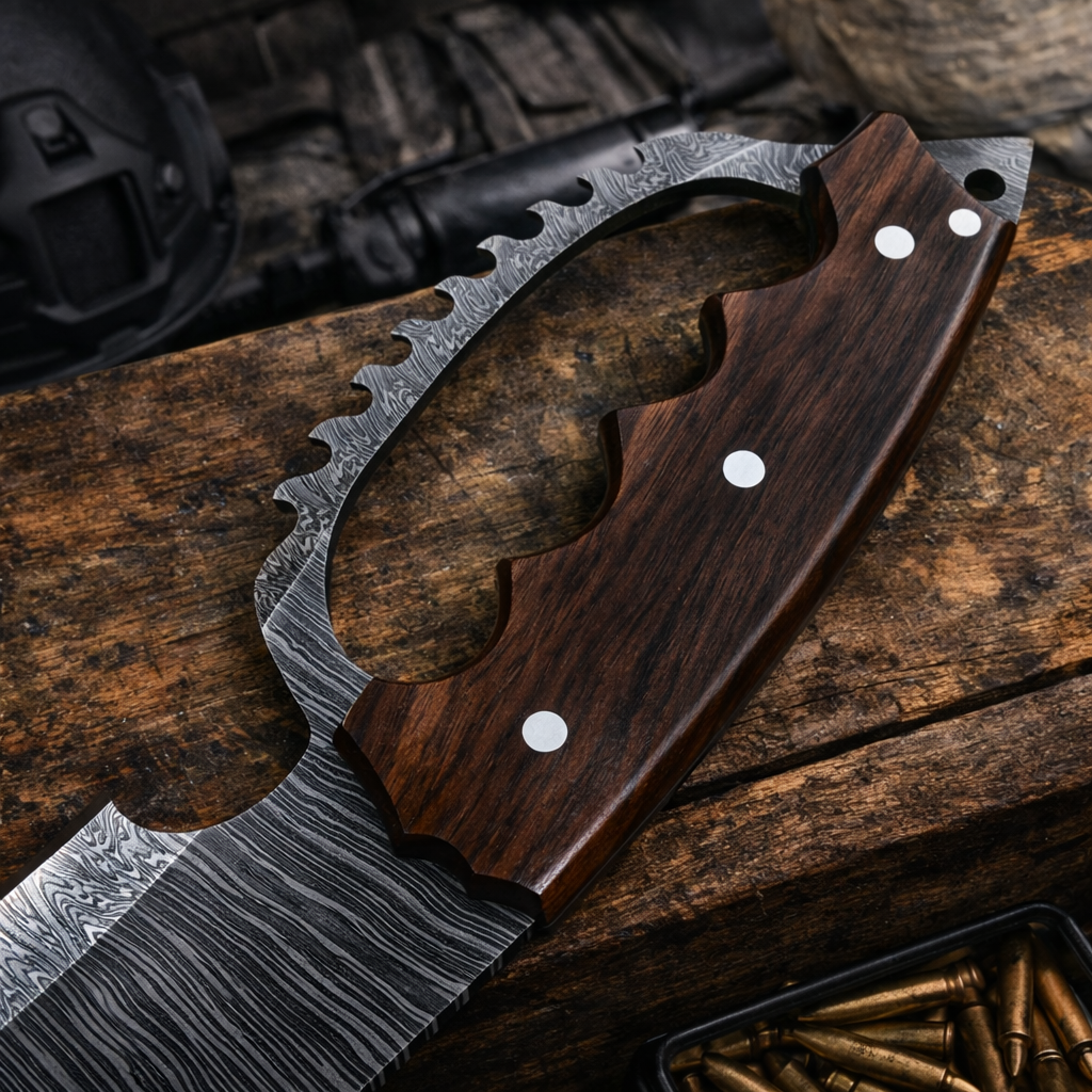 19" Full Tang D Guard Damascus Beast Bowie Knife, Wood Handle with Leather Sheath