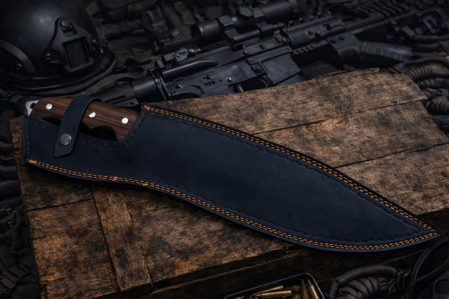 19" Full Tang D Guard Damascus Beast Bowie Knife, Wood Handle with Leather Sheath