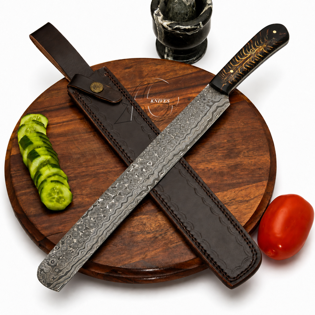 Handcrafted Damascus Raindrop Slicer Knife - Pinecone Handle 18" Full Tang - Leather sheath
