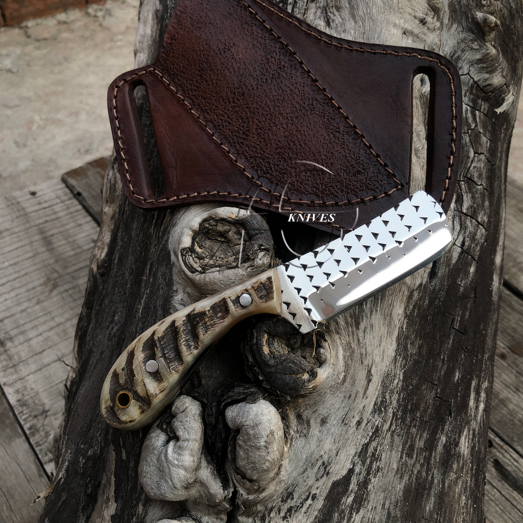 Cowboy Bull Cutter Western Belt Knife File Rasp Steel Sheep Horn Handle 6" Long - Handcrafted