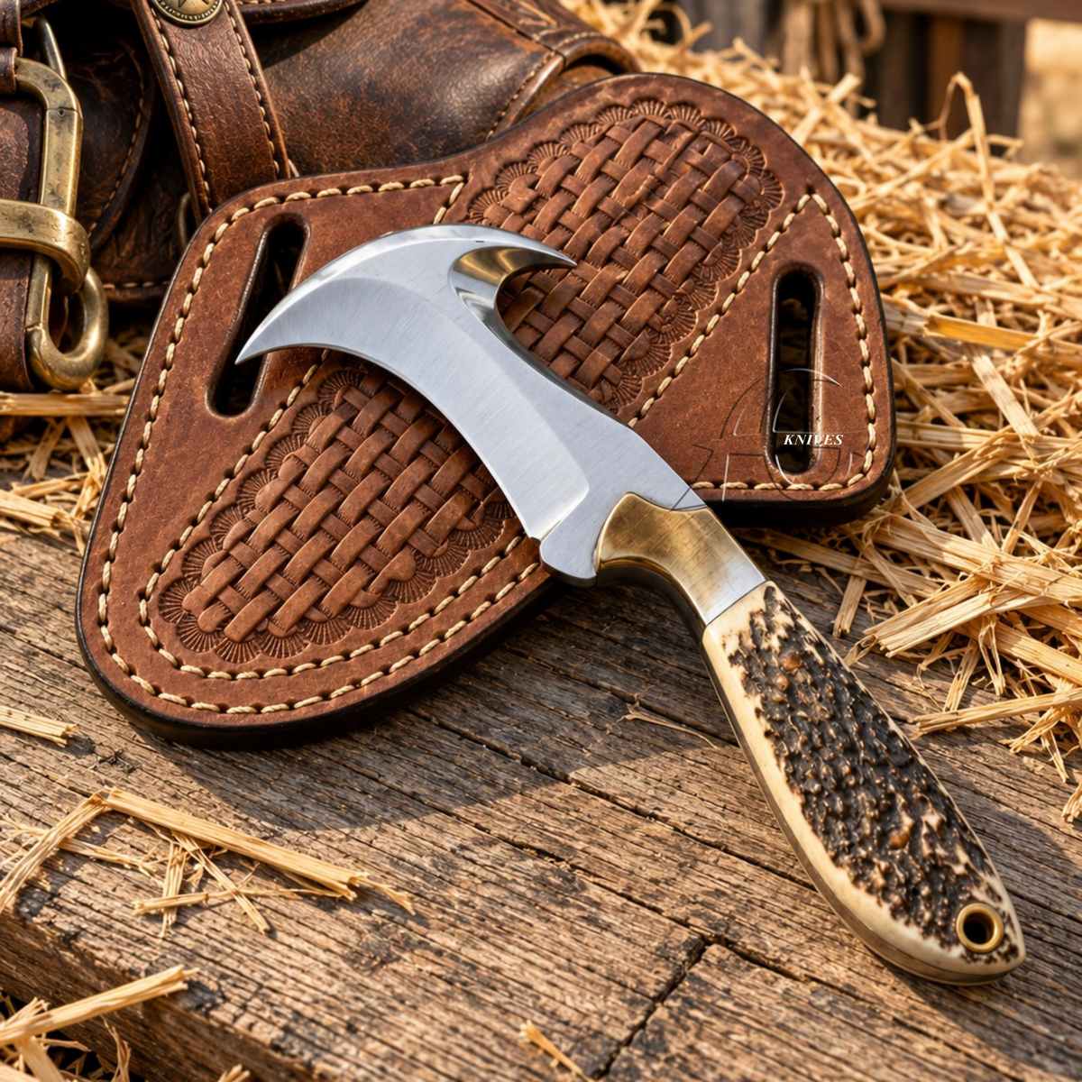 A curved fixed-blade knife with a polished silver blade, brass bolster, and textured dark handle, resting on a brown leather sheath over a rustic wooden surface with straw.