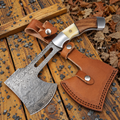 Handmade Damascus Full Tang Camping Axe Wood Bone Handle 12" with Leather Sheath
