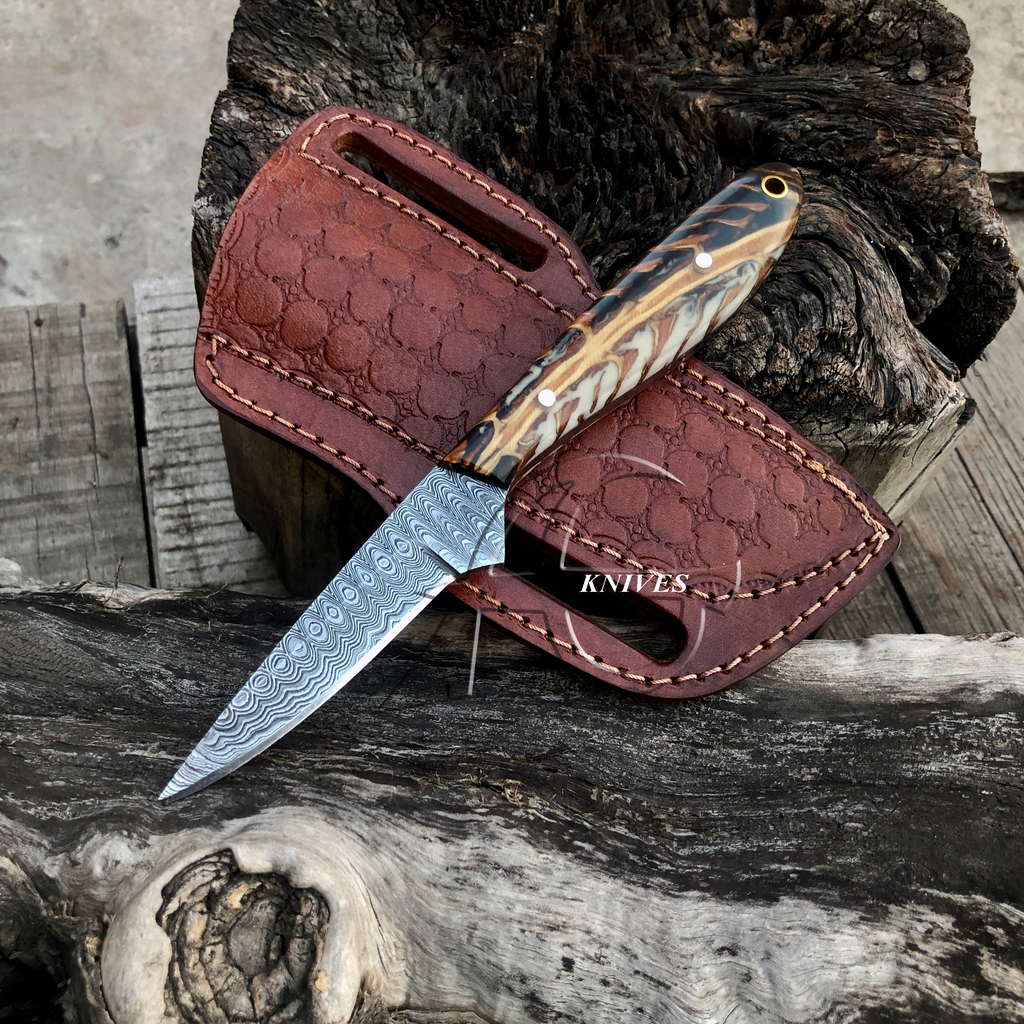 Damascus Western Knife with Sheath 8" Long Pinecone Handle Cowboy Belt Knife Handcrafted