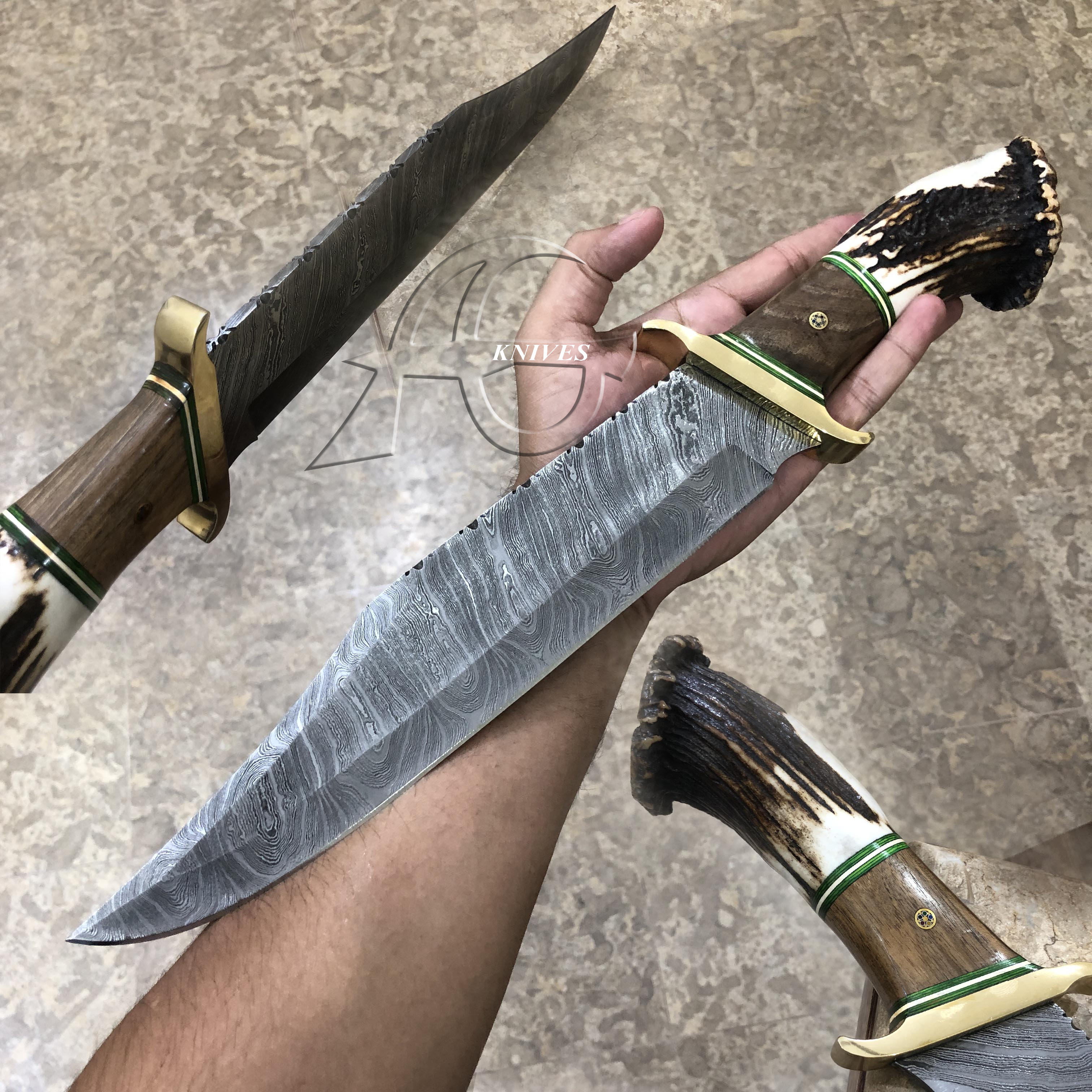 Custom Made Damascus Crown Bowie Hunting Knife