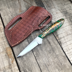 Handcrafted Belt Knife File Steel Blade Green Pinecone Handle 8" Holster Leather Sheath