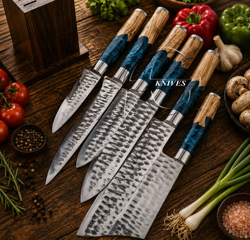 6 Pcs Hand Forged J2 Steel Kitchen Knives Set Olive Wood Resin Handle- AG Cutlery