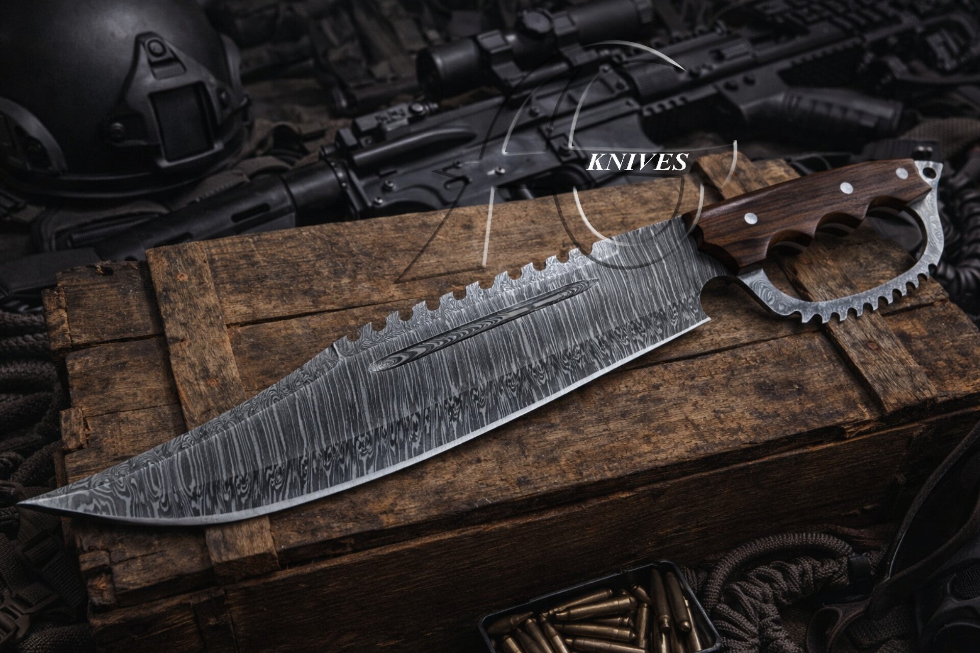 19" Full Tang D Guard Damascus Beast Bowie Knife, Wood Handle with Leather Sheath