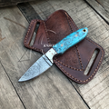 Handcrafted Skinning Belt Knife Damascus Blade Sky Blue Resin Handle 7" Long - Western Leather Sheath