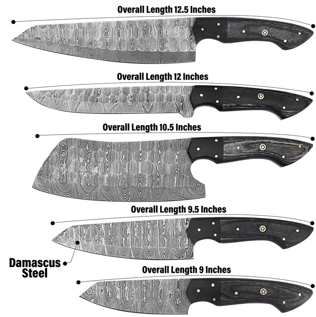 Five kitchen knives with Damascus steel blades and black handles are shown in descending size order, with text labels indicating overall lengths from 12.5 inches to 9 inches and a note about Damascus steel.