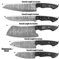 Five kitchen knives with Damascus steel blades and black handles are shown in descending size order, with text labels indicating overall lengths from 12.5 inches to 9 inches and a note about Damascus steel.