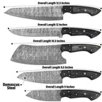 Five kitchen knives with Damascus steel blades and black handles are shown in descending size order, with text labels indicating overall lengths from 12.5 inches to 9 inches and a note about Damascus steel.