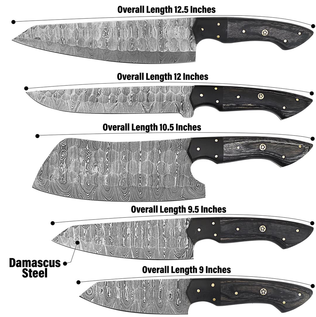 Five kitchen knives with Damascus steel blades and black handles are shown in descending size order, with text labels indicating overall lengths from 12.5 inches to 9 inches and a note about Damascus steel.