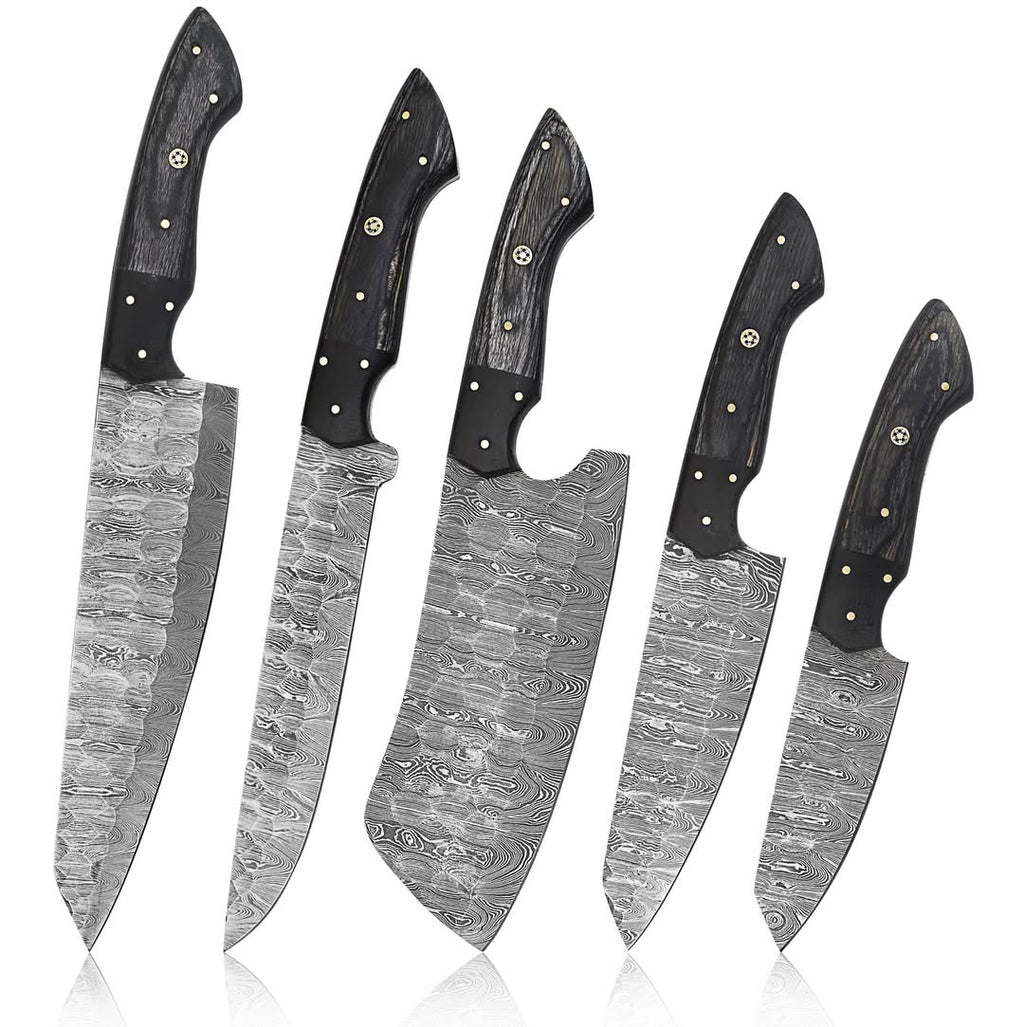 Five kitchen knives with patterned Damascus steel blades and black handles, arranged in descending size order on a white background.