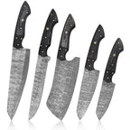 Five kitchen knives with patterned Damascus steel blades and black handles, arranged in descending size order on a white background.