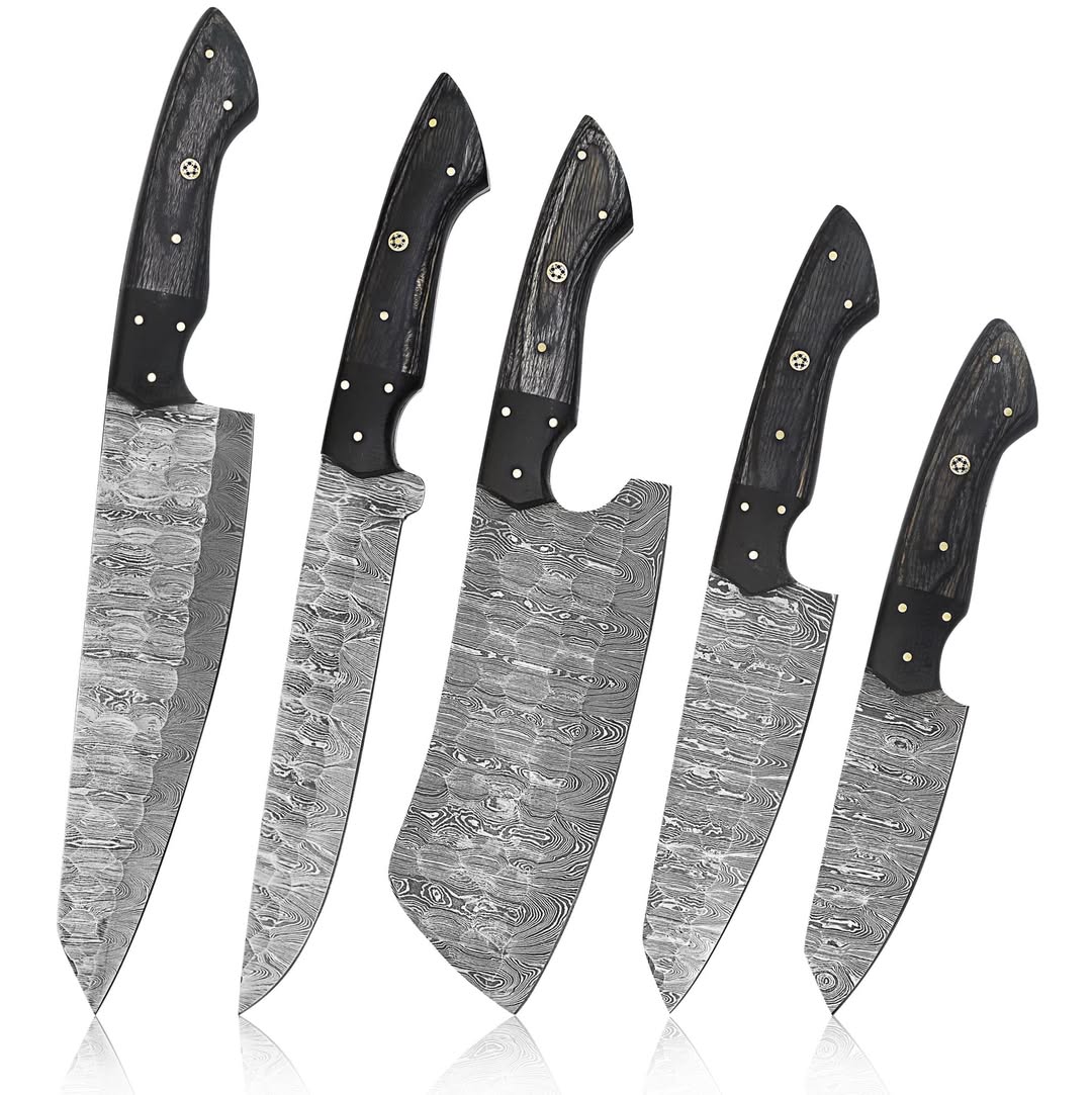 Five kitchen knives with patterned Damascus steel blades and black handles, arranged in descending size order on a white background.