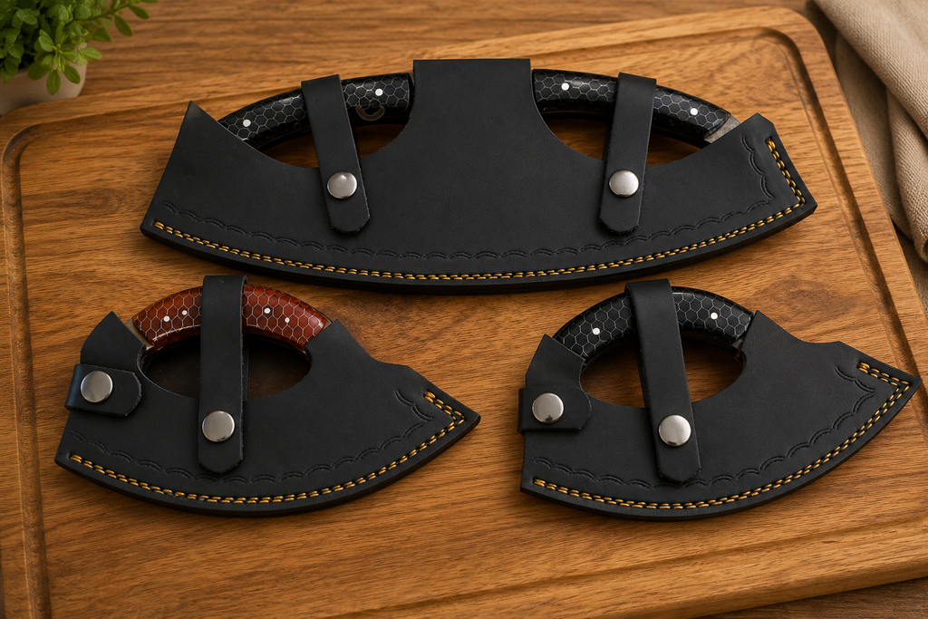 Three black leather axe sheaths with silver snap buttons and yellow stitching, displayed on a wooden cutting board. Two sheaths contain visible axe heads with dark and reddish-brown wood grain.