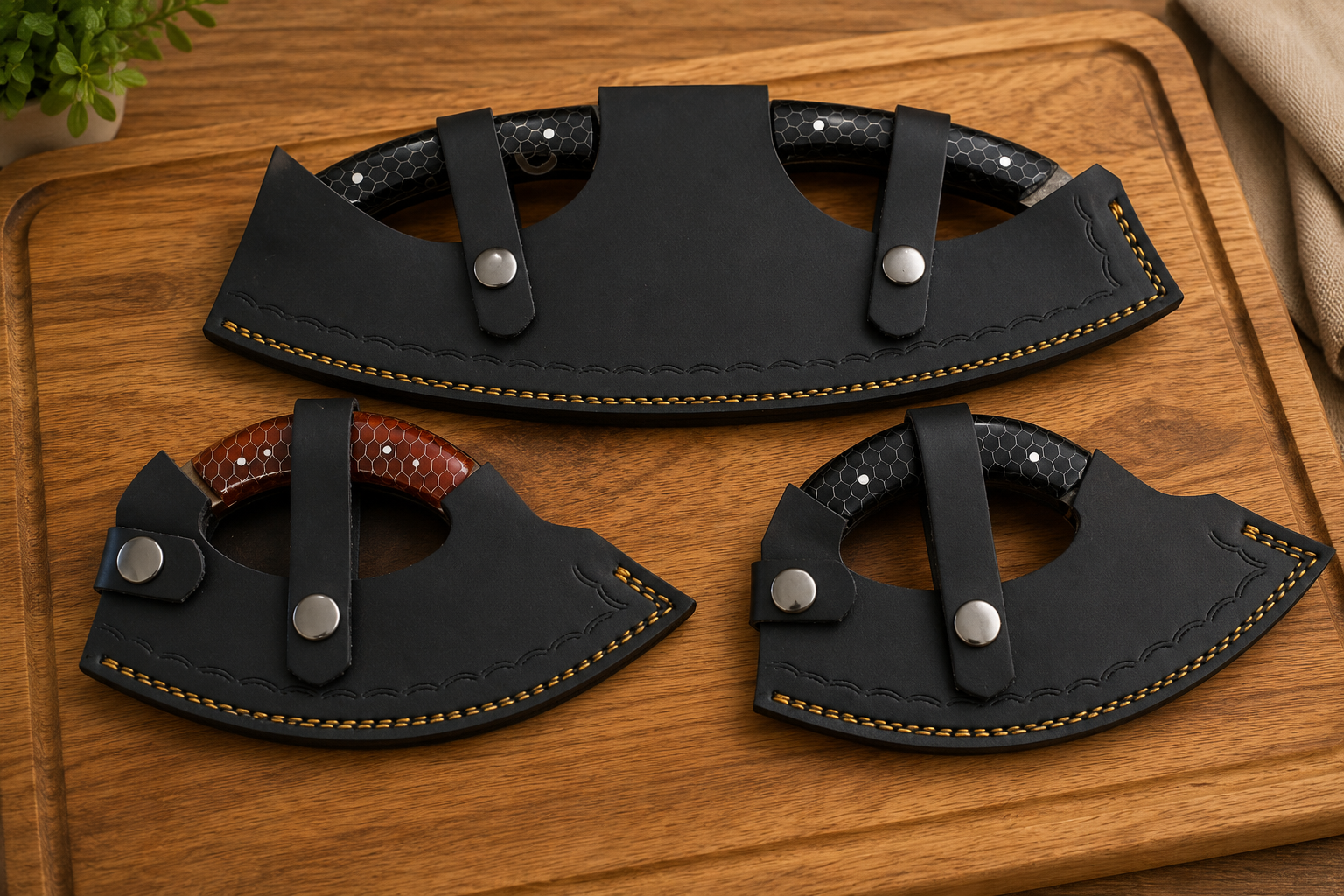 Three black leather axe sheaths with silver snap buttons and yellow stitching, displayed on a wooden cutting board. Two sheaths contain visible axe heads with dark and reddish-brown wood grain.