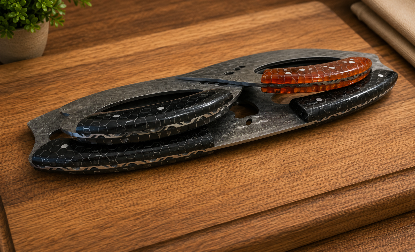 A set of Hand Forged Ulu & Mezzaluna Kitchen Knife Set  with textured black and reddish-brown scales, displayed on a dark metal stand on a wooden cutting board.