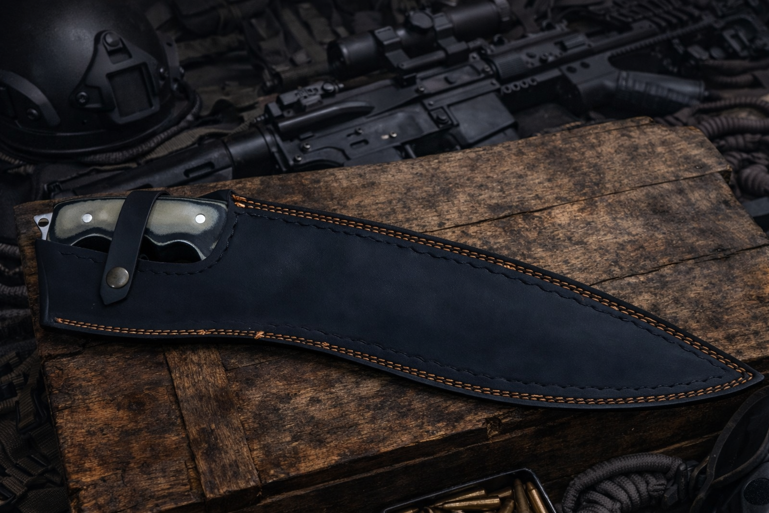 Full Tang Falcata Kukri Sword Hard Tool Steel Black & Tan Micarta Handle with Leather Sheath