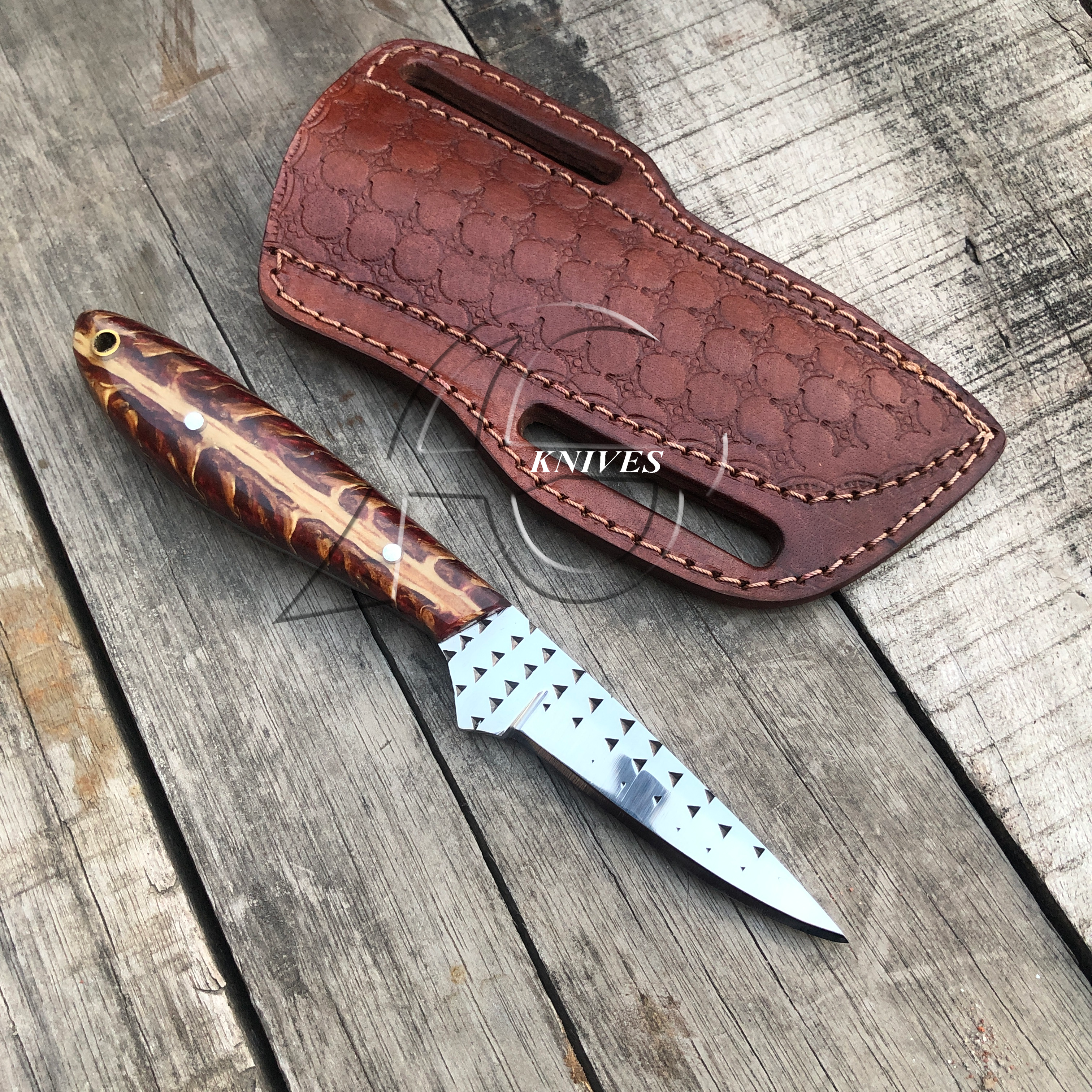 Rugged Cowboy Belt Knife with Sheath Hand Forged File Steel Pinecone Handle 8" Western