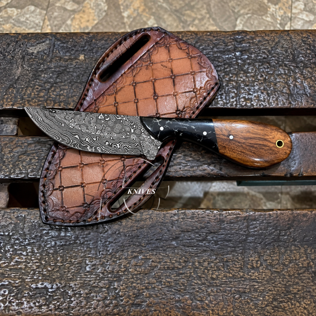 Frontier Western Gear Knife Damascus Wood & Black Turquoise Handle 7" with Tooled Leather Sheath
