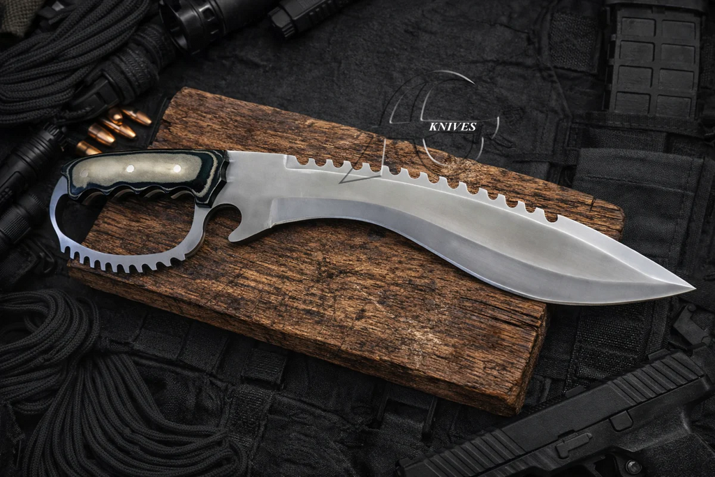 Full Tang Falcata Kukri Sword Hard Tool Steel Black & Tan Micarta Handle with Leather Sheath