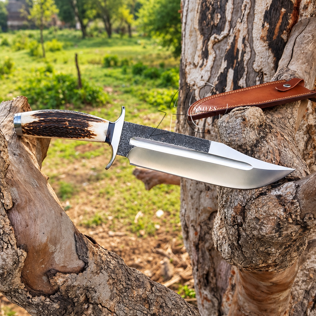 Handmade Fixed Blade Hunting Bowie Knife Antler Handle With Leather Sheath