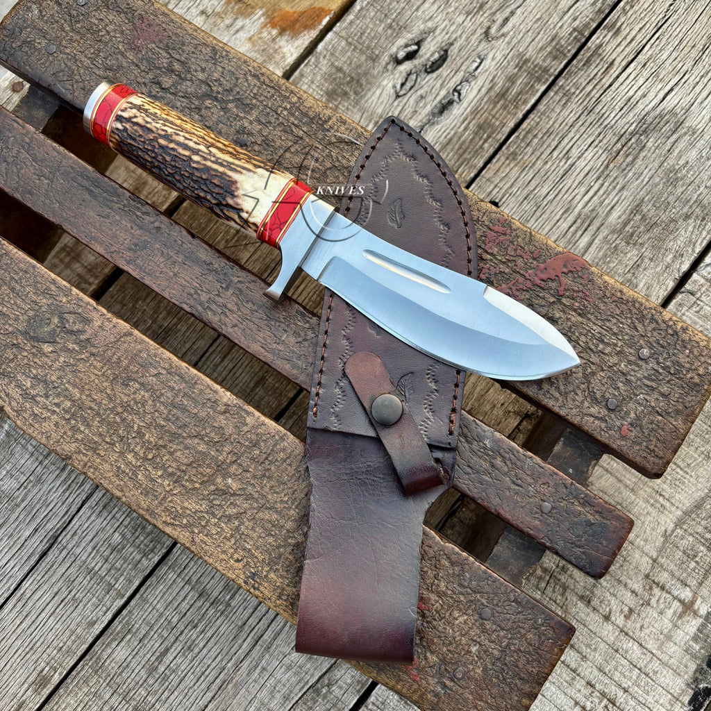 Handmade Stag Horn & Red Turquoise Hunting Knife, 10-Inch Fixed Steel Blade with Leather Sheath