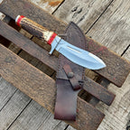 Handmade Stag Horn & Red Turquoise Hunting Knife, 10-Inch Fixed Steel Blade with Leather Sheath