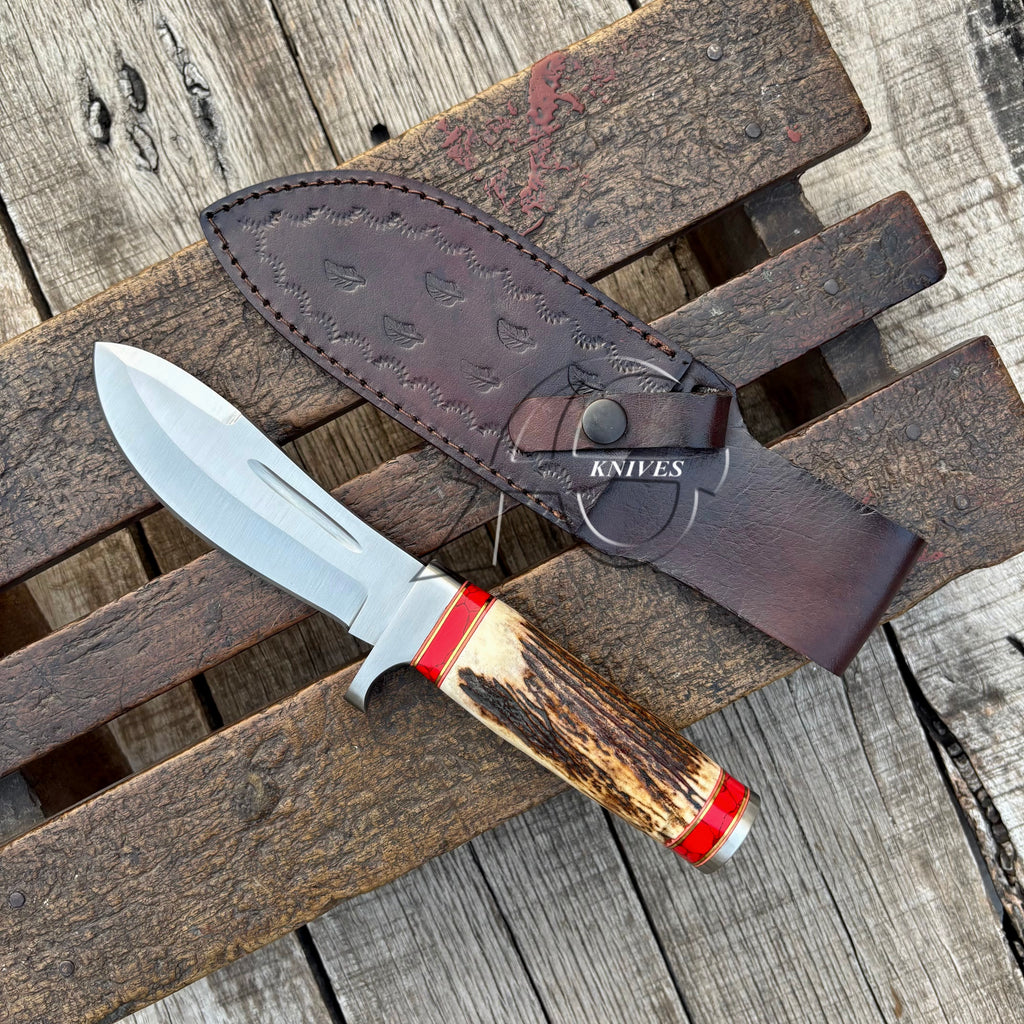 Handmade Stag Horn & Red Turquoise Hunting Knife, 10-Inch Fixed Steel Blade with Leather Sheath