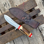Handmade Stag Horn & Red Turquoise Hunting Knife, 10-Inch Fixed Steel Blade with Leather Sheath
