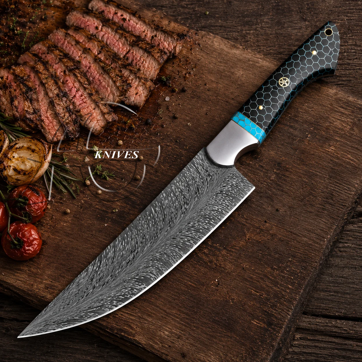 Graceful Handcrafted Damascus Feather Pattern Chef Knife - Black Resin & Turquoise Handle 12"