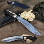 Custom Made Damascus Stag Crown Feather Pattern Kukri With Leather Sheath