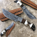 Hand Forged Damascus Steel Knife with Antler, Wood & Horn Handle & Handcrafted Sheath