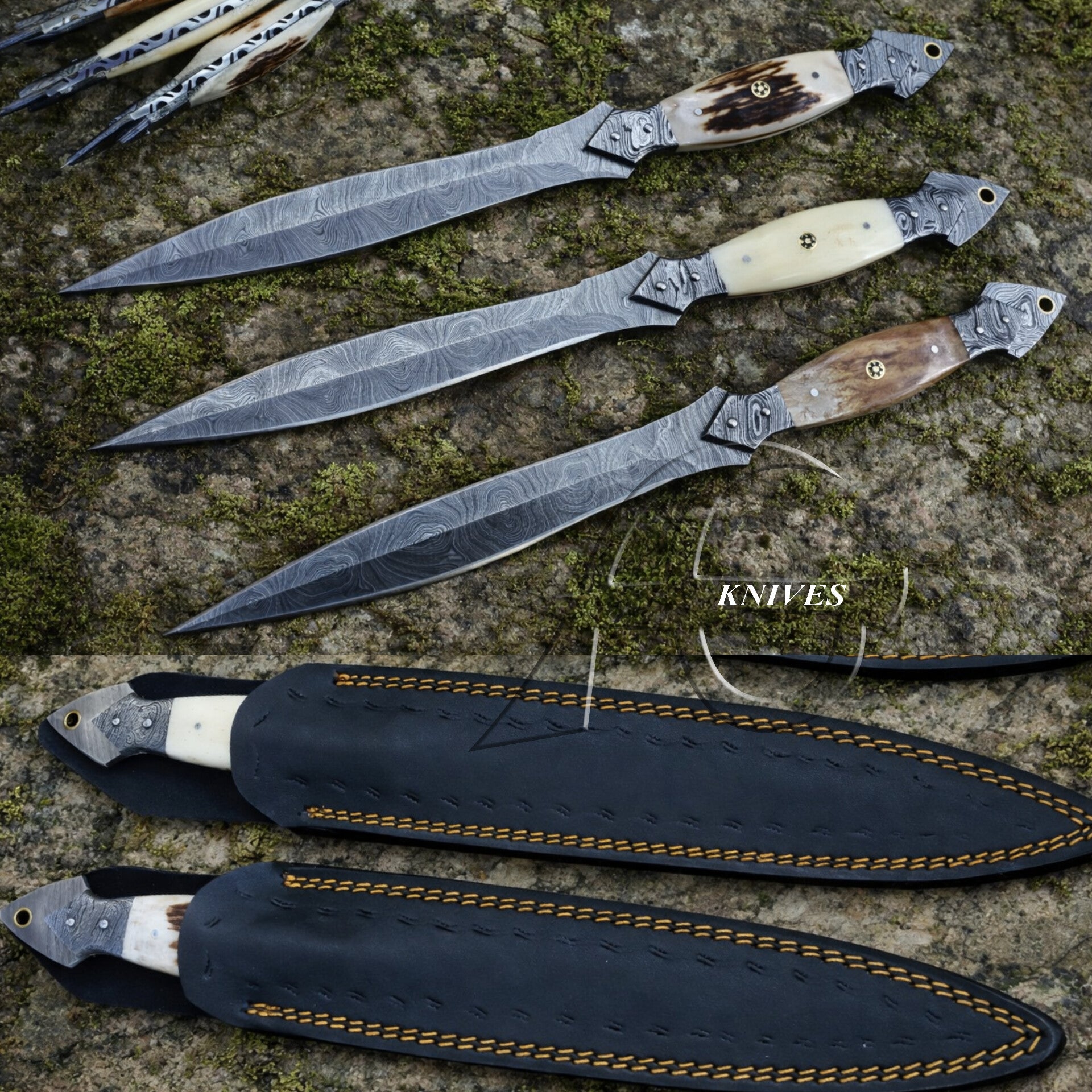 12" Damascus Toothpick Dagger Hand Forged Full Tang Hunting Gear with Leather Sheath