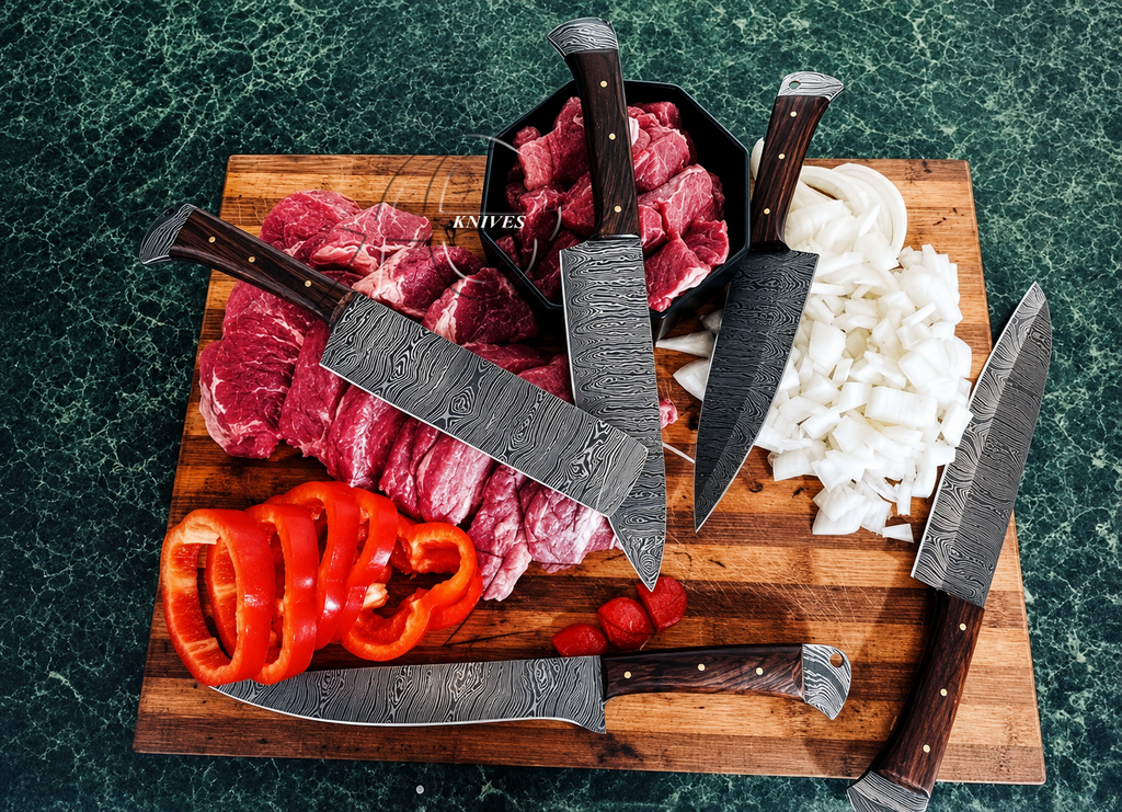5 Pcs Full Tang Handmade Damascus Kitchen Knives Set