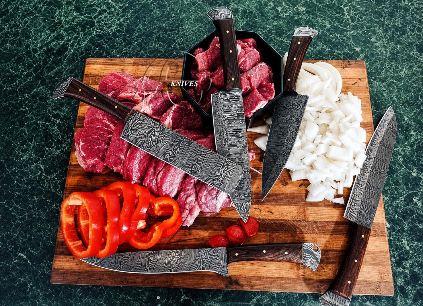 5 Pcs Full Tang Handmade Damascus Kitchen Knives Set