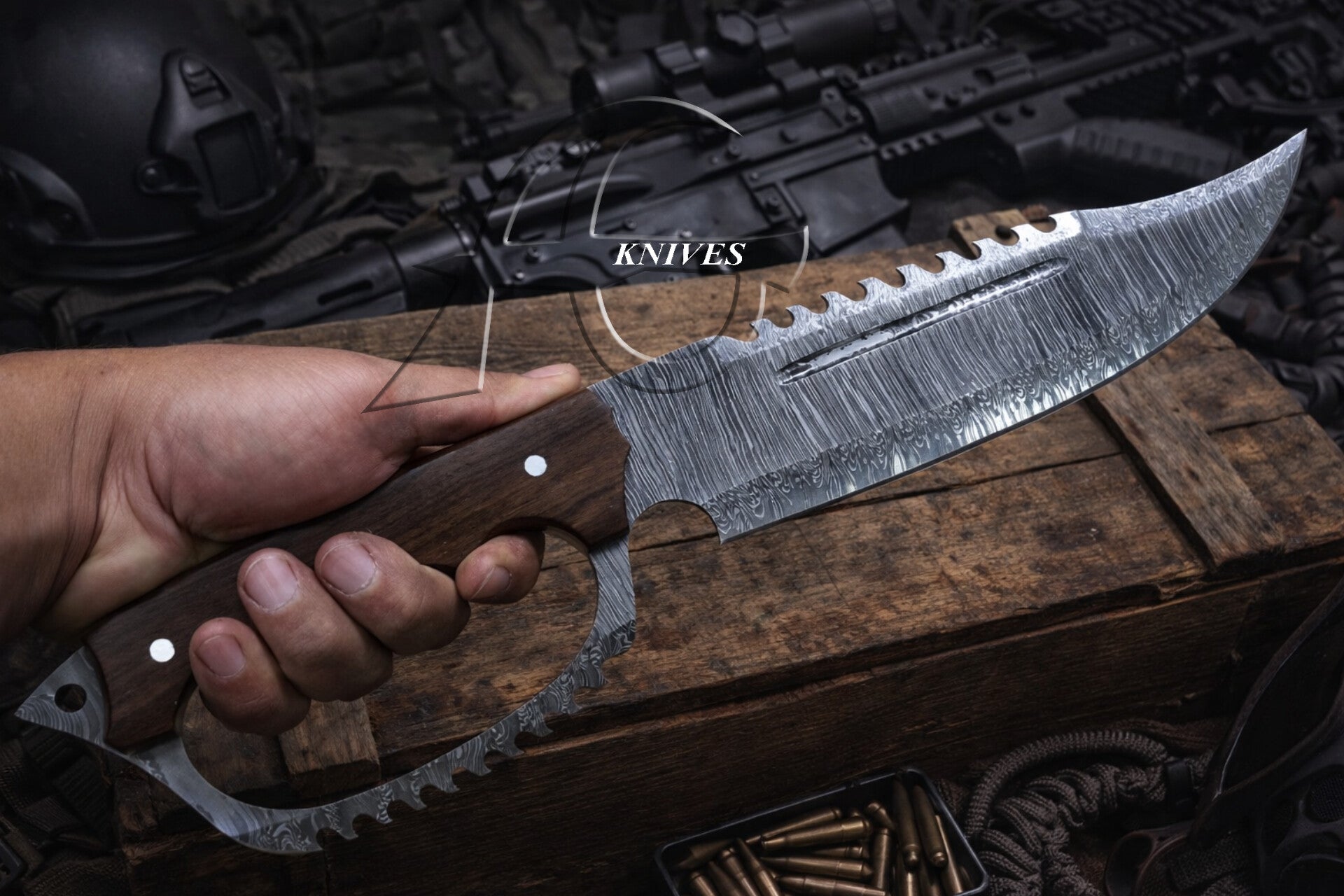 19" Full Tang D Guard Damascus Beast Bowie Knife, Wood Handle with Leather Sheath