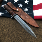 M3 Trench Blade Damascus Bowie Knife Hand Forged Stacked - Leather Sheath