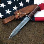 M3 Trench Blade Damascus Bowie Knife Hand Forged Stacked - Leather Sheath